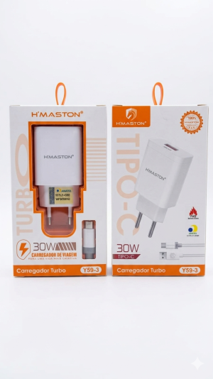 Carregador Turbo H'Maston 30W – Kit Completo com Cabo USB-C (Tipo-C)