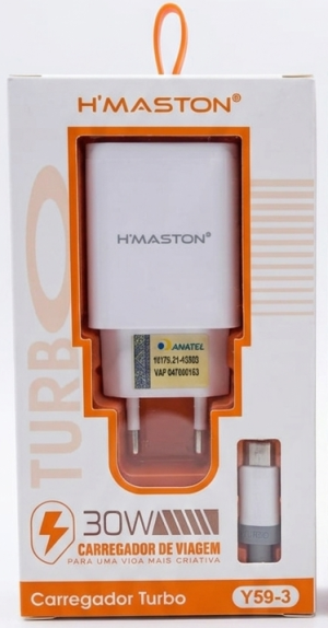 Carregador Turbo H'Maston 30W – Kit Completo com Cabo USB-C (Tipo-C)