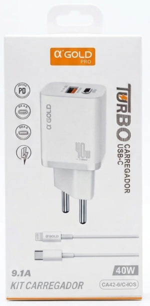 Kit Carregador de Tomada A'Gold PRO 9.1A (PD+QC4.0) 40W - Carregamento Turbo e Versátil!