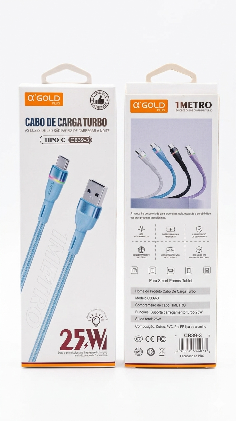 Cabo de Carga Turbo A'Gold Plus CB39-3 – USB para USB-C – 25W com LED Indicador - Imagem 2