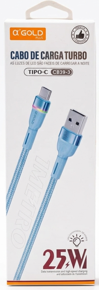 Cabo de Carga Turbo A'Gold Plus CB39-3 – USB para USB-C – 25W com LED Indicador
