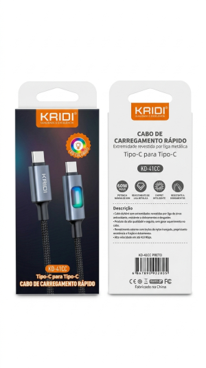 Cabo de Carregamento Rápido Kaidi KD-41CC – USB-C para USB-C – 60W com LED Colorido