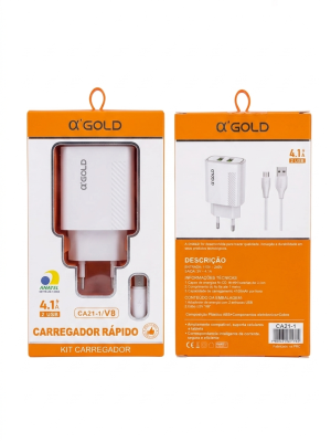 Kit Carregador Rápido A'Gold CA21-1 – 2 Entradas USB + Cabo Micro-USB (V8)