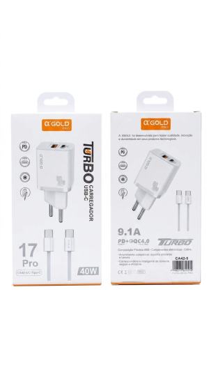 Carregador Ultra Turbo A'Gold Pro 40W – Dual Port (USB-C PD + QC 4.0)