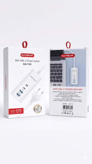 Carregador de Tomada Kapbom 35W (KA-7161) | 4 Portas Turbo: 2x USB-C PD35W + 2x USB-A | Compatibilidade Universal | Selo Premium Quality