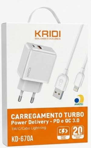Kit Carregador Turbo 20W KRIDI (PD/QC 3.0) + Cabo Lightning 1m - Original Anatel
