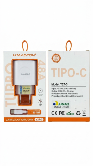 Carregador Turbo H'Maston Y27-3 – 4.8A com Duas Portas USB + Cabo Tipo-C