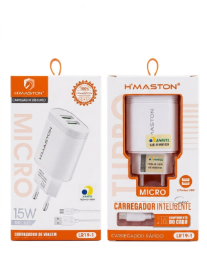 Kit Carregador Inteligente H'Maston LR19-1 – 15W com 2 Portas USB + Cabo Micro-USB