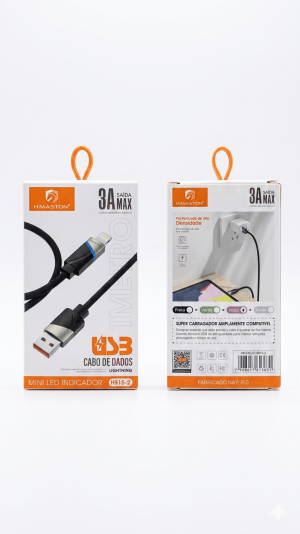 Cabo de Dados Lightning H'Maston 1m 3A com LED Indicador - Reforçado e Turbo