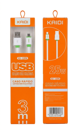 Cabo de Dados e Carga Rápida Kaidi KD-330M – Micro USB (V8) – 3 Metros