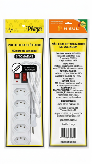 Protetor Elétrico Plugar – Segurança e Organização com 5 Tomadas