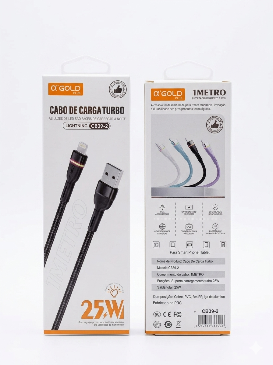 Cabo de Carga Turbo A'GOLD Plus CB39-2 | 25W Lightning (1 Metro) - Imagem 2