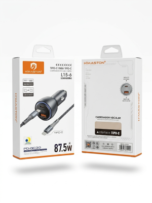 Carregador Veicular Super Rápido 87.5W (PD 65W + QC3.0 22.5W) com Cabo Type-C H'MASTON L15-6