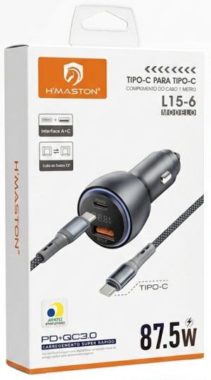Carregador Veicular Super Rápido 87.5W (PD 65W + QC3.0 22.5W) com Cabo Type-C H'MASTON L15-6