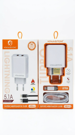 Supercarregador de Tomada Turbo H'Maston 5.1A 2USB LR24-2 com Cabo Lightning (iPhone/iPad)