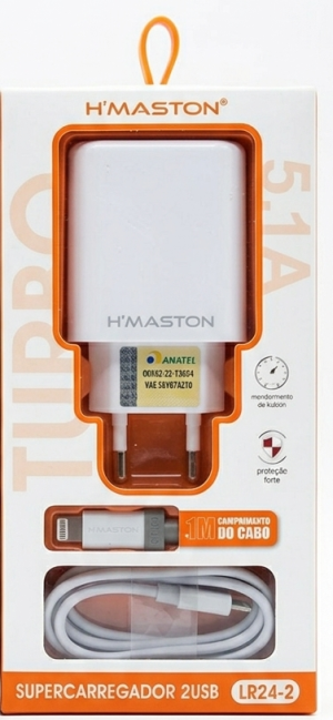 Supercarregador de Tomada Turbo H'Maston 5.1A 2USB LR24-2 com Cabo Lightning (iPhone/iPad)