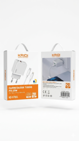 Kit Carregador de Tomada Turbo KRIDI PD 20W – Carregamento Rápido e Seguro!