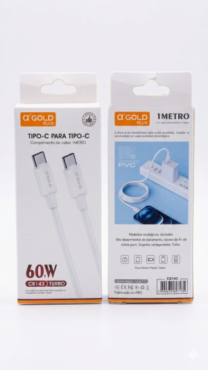 Cabo de Dados e Carga Ultra Rápida A'Gold Plus CB143 – USB-C para USB-C – 60W