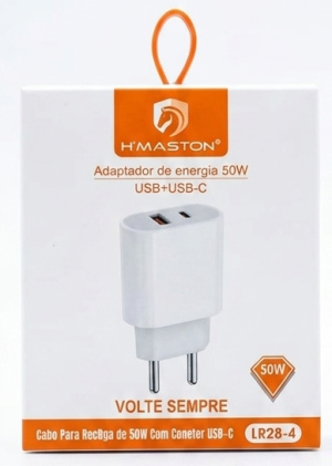 Carregador de Parede Turbo 50W Dual Port H'Maston - LR28-4 (USB + USB-C) com Homologação Anatel (SÓ A CAIXINHA, SEM O CABO)