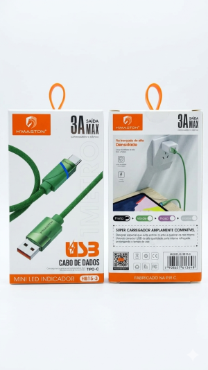 Cabo de Dados H'Maston HB15-3 – USB para USB-C – 3A Max com Mini LED