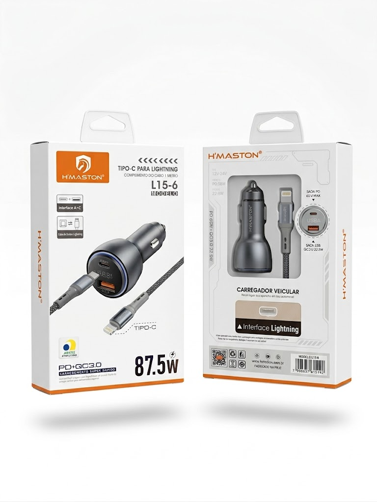 Kit Carregador Veicular Super Rápido 87.5W H'MASTON L15-6 (com Cabo Lightning) - Imagem 2