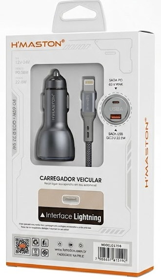Kit Carregador Veicular Super Rápido 87.5W H'MASTON L15-6 (com Cabo Lightning)